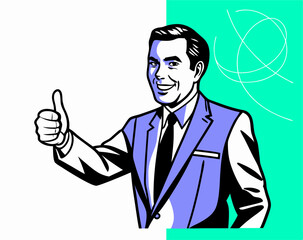 Happy Businessman Giving Thumbs Up, Retro Style Illustration