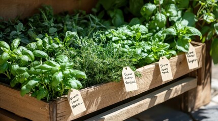Fresh Herbs in Wooden Planter at a Garden Center in Sunlight