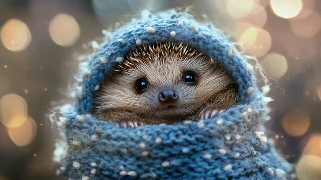 Adorable hedgehog snugly wrapped in a soft blue knitted blanket, surrounded by warm lights and a magical winter atmosphere.
