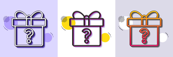 Gift box with Question mark line icon. Halftone dotted pattern. Gradient icon with grain shadow. Present or Sale sign. Birthday Shopping symbol. Package in Gift Wrap. Line secret gift icon. Vector
