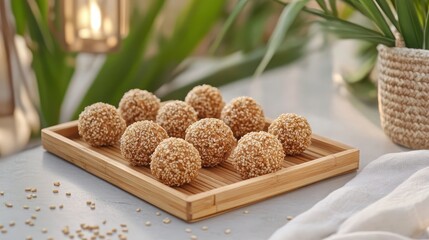 Delicious Sweet Treats on a Wooden Tray Surrounded by Greenery