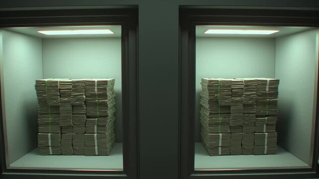 Two open safe doors revealing stacks of cash inside a dimly lit secure room