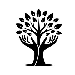 Minimalist Black SVG Silhouette of a Tree Growing Between Two Open Hands for Eco and Nature Protection Designs
