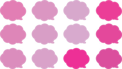 ピンクと紫の暖色系の１２色の吹き出しセット。ふきだしの内側には白い破線で囲まれている。