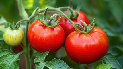 Fresh Red Tomatoes Growing on a Vine in a Garden Setting