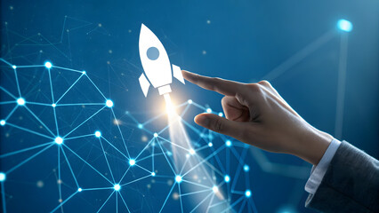 A hand points to a white rocket launching, symbolizing business growth and innovation