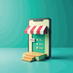 Online shop mobile store front digital marketplace e commerce business application app design concept render
