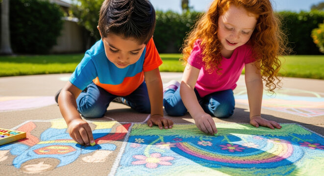 Children drawing sidewalk chalk art happy kids outdoor activity creative play summer fun childhood memories