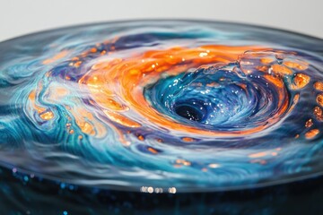 A mesmerizing swirl of blue and orange liquid forms a captivating vortex with hints of metallic gold, resembling an artistic galaxy.