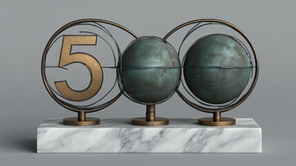 Modern Decorative Display with Number 5 and Two Globes on Base