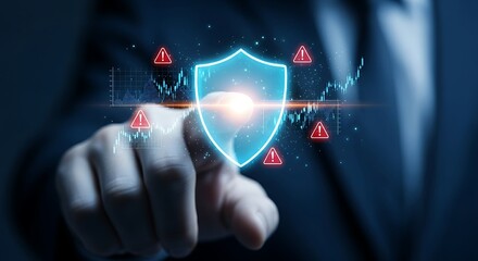 Risk management and corporate security concept. A businessman's finger touches a glowing shield hologram to mitigate potential threats, representing risk assessment, protection, and business insurance