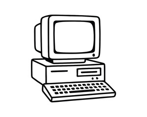 Vintage Computer Illustration: A Detailed Black and White Line Art Depiction of a PC