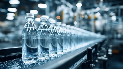 clear glass bottles on bottling plant conveyor line, production process 

