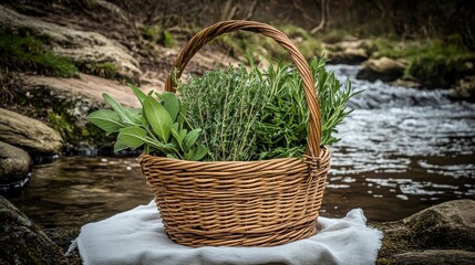 Freshly Gathered Herbs in a Woven Basket by a Babbling Stream