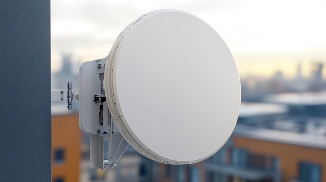 Modern Satellite Dish Mounted on Urban Building Against Sunrise Sky