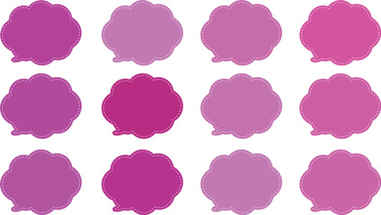 ピンクと紫の暖色系の１２色の吹き出しセット。ふきだしの内側には白い破線で囲まれている。
