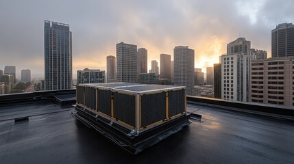Rooftop Air Conditioning Unit Overlooking Urban Cityscape at Sunset