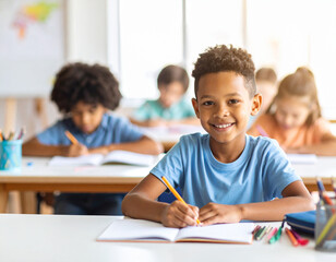 Smiling Boy Writing in Classroom with Blurred Background