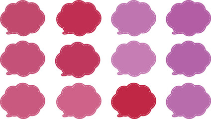 ピンクと紫の暖色系の１２色の吹き出しセット。ふきだしの内側には白い破線で囲まれている。