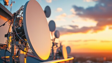 Satellite Dishes on Rooftop Against Stunning Sunset Sky Background