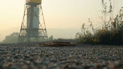 Scenic View of Power Equipment with Coiled Cable at Sunrise