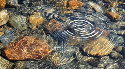Serene Water Surface with Stones and Ripples in Sunlight Reflection