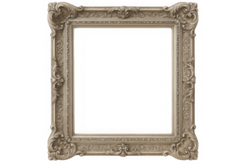 Ornate silver baroque picture frame with intricate scrollwork isolated on transparent background