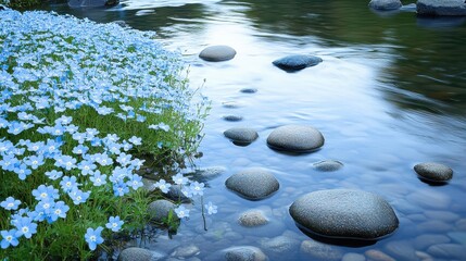 Tranquil Stream Surrounded by Blue Flowers and Smooth River Stones