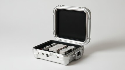 Silver Briefcase with Open Lid and Storage for Various Items