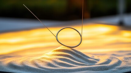 Silver Ring and Thin Wire on Soft Sand in Warm Light Setting