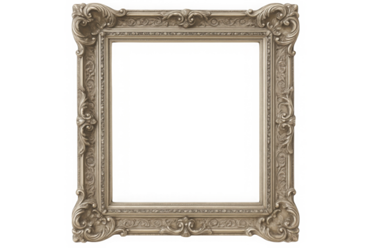 Ornate silver baroque picture frame with intricate scrollwork isolated on transparent background