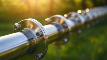 Sleek Metal Pipe Close-Up in a Lush Green Outdoor Setting