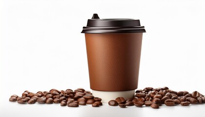 disposable coffee cup with textured leather style sleeve and scattered roasted coffee beans at the base isolated on a white background