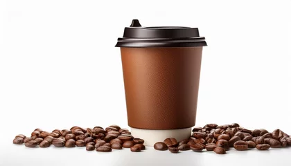 Küchenrückwand glas motiv Kaffee und Kaffeebohnen disposable coffee cup with textured leather style sleeve and scattered roasted coffee beans at the base isolated on a white background  © Katrina