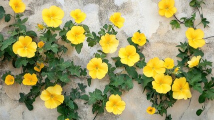 Vibrant Yellow Flowers Climbing on a Textured Wall Background