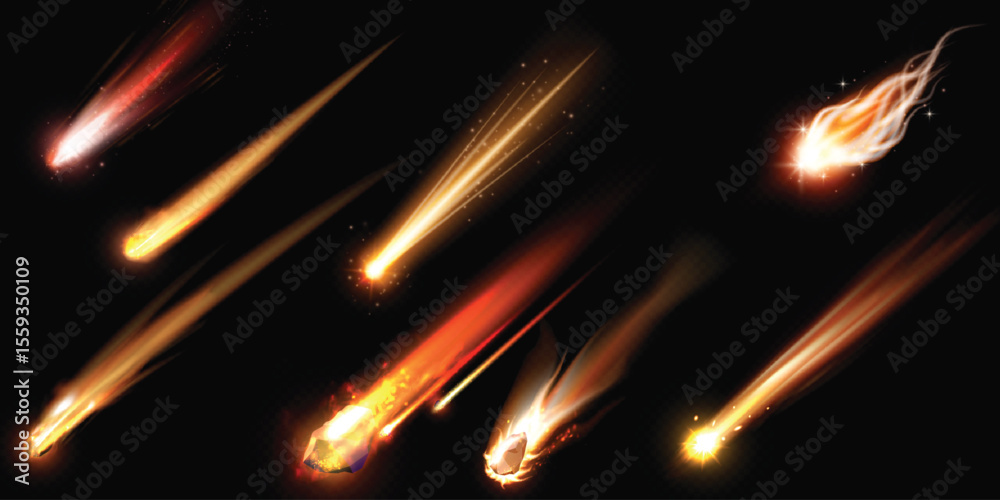 Canvas Prints falling asteroid or comet with orange fire tail, realistic vector flying meteorite in space, burning