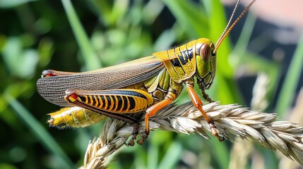 Vibrant Yellow Grasshopper Resting on Natural Twine in Green Surroundings