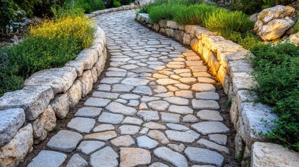 Serene Stone Pathway Through Lush Greenery in Evening Light