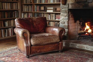 Cozy reading nook: leather armchair in front of a fireplace with bookshelves filled with books for a relaxing atmosphere.