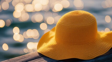 Vibrant Yellow Sun Hat Resting by Sparkling Water Surface