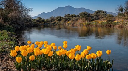 Vibrant Yellow Tulips by Calm River with Mountains in Background