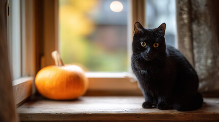 A black cat sits on a windowsill next to a bright orange pumpkin. The background features autumn foliage, creating a cozy Halloween atmosphere.