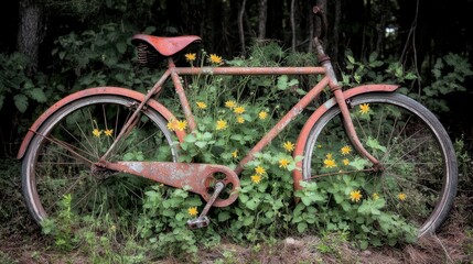 Vintage Bicycle Surrounded by Wildflowers in Lush Greenery