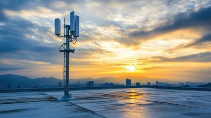Sunrise View Over Rooftop with Cellular Tower and City Skyline