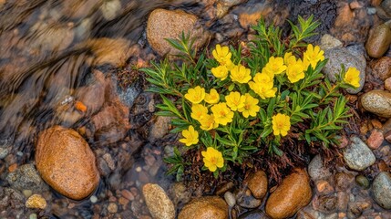 Vibrant Yellow Wildflowers Growing Among Rocky Riverbed Layout