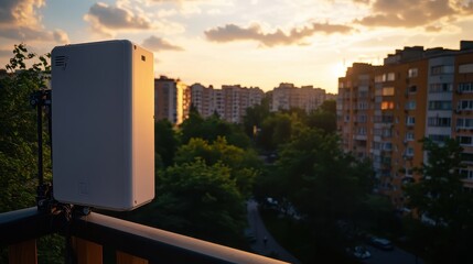 Sunset Over Apartment Buildings with a Modern Antenna Installation