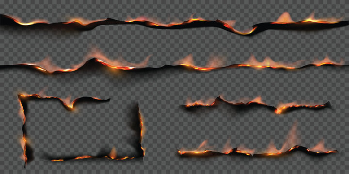 Paper fire burning stripes and corner frame, vector realistic ablaze paper side with black ash on transparent background