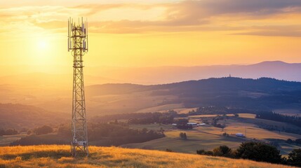 Sunset Over Landscape with Communication Tower and Rolling Hills