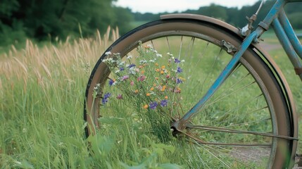 Vintage Bicycle with Wildflowers in Tranquil Green Field Setting