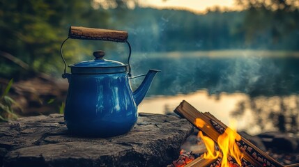 Vintage Blue Kettle on Stone by Campfire with Scenic Lake Background